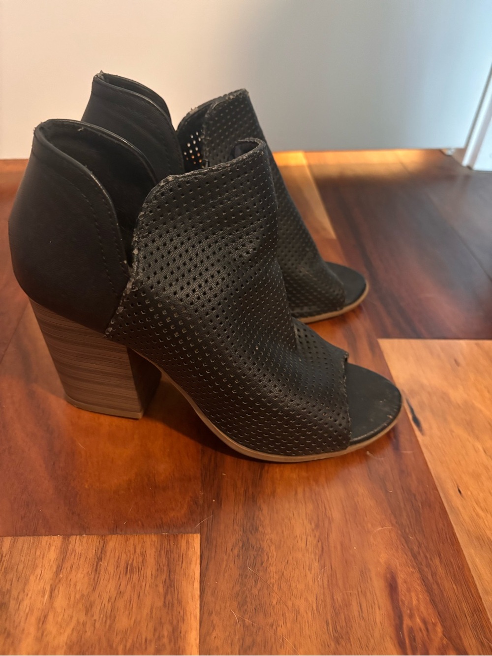 Women’s Black Perforated Open-Toe Block Heel Ankle Boots